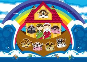 Noah and the Ark with Animals Two by Two - Biblical Illustration vector