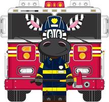 Cute Cartoon Zebra Fireman and Fire Engine vector