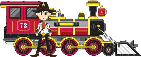 Cute Cartoon Wild West Cowboy Sheriff with Steam Train vector