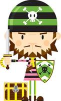 Cute Cartoon Swashbuckling Pirate with Treasure Chest vector