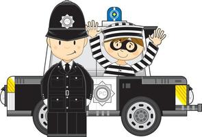 Cute Cartoon Policeman with Robber in Police Car vector