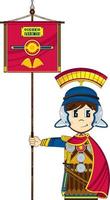 linda dibujos animados romano centurion con bandera bandera historia ilustración vector