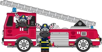 Cute Cartoon Zebra Fireman and Fire Engine vector