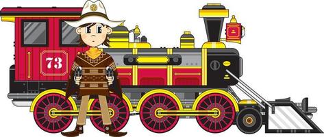 Cute Cartoon Wild West Cowboy Sheriff in Poncho with Steam Train vector