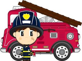 Cute Cartoon Fireman and Fire Engine vector