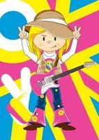 dibujos animados sesenta hippie niña con eléctrico guitarra vector