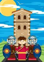 Cute Cartoon Roman Soldiers and Emperor Julius Caesar at Tower Garrison History Illustration vector