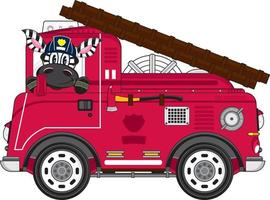 Cute Cartoon Zebra Fireman and Fire Engine vector