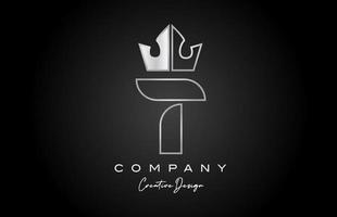 T metal alphabet letter logo icon design. Silver grey creative crown king template for business and company vector