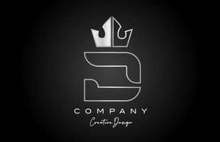 D metal alphabet letter logo icon design. Silver grey creative crown king template for business and company vector