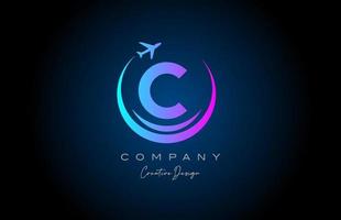 blue pink C alphabet letter logo with plane for a travel or booking agency. Corporate creative template design for company and business vector