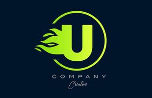 U alphabet letter icon for corporate with green flames. Fire design suitable for a logo company vector