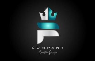 blue grey F alphabet letter logo icon design. Creative crown king template for business and company vector