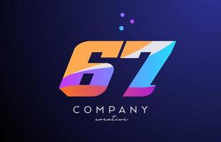 colored number 67 logo icon with dots. Yellow blue pink template design for a company and busines vector