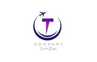 T alphabet letter logo with plane for a travel or booking agency in purple. Corporate creative template design for company and business vector