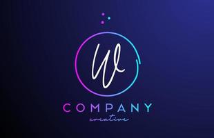 W handwritten alphabet letter logo with dots and pink blue circle. Corporate creative template design for business and company vector