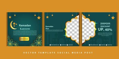 Set of Square social media post template Mega sale promotion with  modern lantern  gold design. Iftar mean is Ramadan. social media template with Islamic background design vector