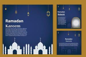 Set of Square social media post template in green, white, and blue and gold with lantern design. Iftar mean is ramadan. social media template with islamic background design vector