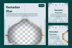 Set of Square social media post template in green, white, and blue and gold with lantern design. Iftar mean is ramadan. social media template with islamic background design vector