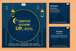 Set of Square social media post template Mega sale promotion with  modern lantern  gold design. Iftar mean is Ramadan. social media template with Islamic background design vector