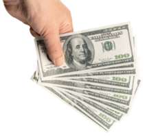 Hand with several hundred dollar bills isolated png