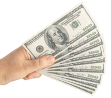 Hand holding several hundred dollar bills isolated png