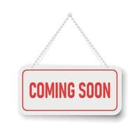 Coming soon banner icon in flat style. Promotion label vector illustration on isolated background. Open poster sign business concept.