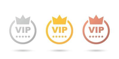 VIP badges icon in flat style. Gold, silver and bronze color vector illustration on isolated background. Premium luxury sign business concept.