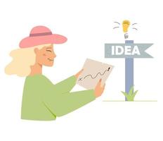 Young woman in hat holding a map with marked point. Woad sign with Idea name and light bulb. Searching idea concept vector stock illustration