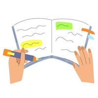 Clipart of an open book with bookmarks and colored stickers. The student makes notes in the workbook. Learning concept. vector