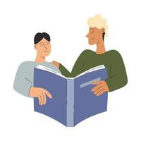 chico leyendo un libro con padre. un estudiante y un profesor sostener abierto libro. aprendizaje concepto vector valores ilustración
