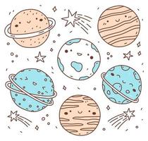 Set of cute smiling planets and stars isolated on white background. Vector hand-drawn illustration in doodle style. Kawaii characters. Perfect for decorations, logo, various designs.