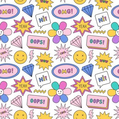 Bright seamless pattern in the style of the 90s. Colorful diamonds, smile faces, stars, lightning, speech bubbles  on white background. Nostalgia for the 1990s. Funny cool print.