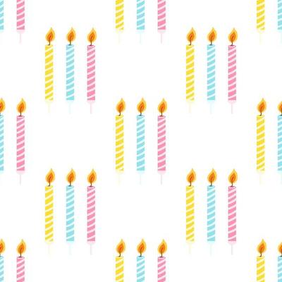 Seamless pattern with colorful birthday candles with burning flame. Vector texture for wrapping paper, fabric print, kids textile, cover, card design