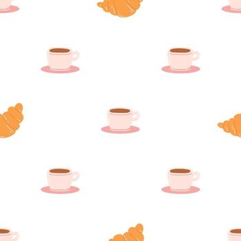 Seamless pattern with coffee mug and croissant on white background. Flat vector texture for wrapping paper, textile, web design