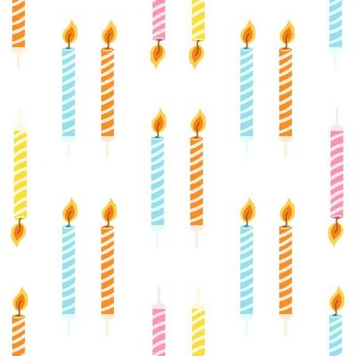 Seamless pattern with colorful birthday candles with burning flame. Vector texture for wrapping paper, fabric print, kids textile, cover, card design