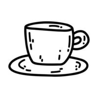 Hand drawn doodle coffee mug with saucer icon. Outline flat vector illustration of cup with coffee or tea, cartoon design element