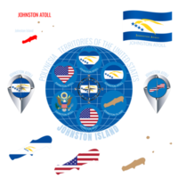 Set of illustrations of flag, contour map, money, icons of JOHNSTON ATOLL. Territories of the United States. Travel concept. png