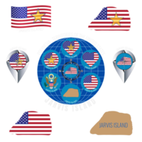 Set of illustrations of flag, contour map, money, icons of JARVIS ISLAND. Territories of the United States. Travel concept. png