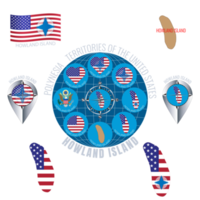 Set of illustrations of flag, contour map, money, icons of HOWLAND ISLAND. Territories of the United States. Travel concept. png