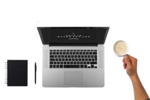 Laptop und Notizbuch und Kaffee png