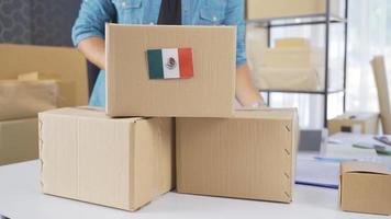 Mexican flag on logistics cargo package. Cargo package with flag of Mexico. video