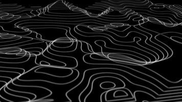 resumen animado contorno topográfico contorno mapa. Moviente olas en negro antecedentes. fluido, cambiando, morphing paisaje con contorno líneas. video