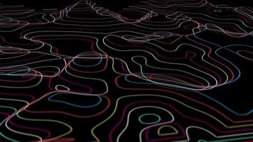 Abstract animated outline topographic contour map. Moving waves on black background. Flowing, changing, morphing landscape with contour lines. video