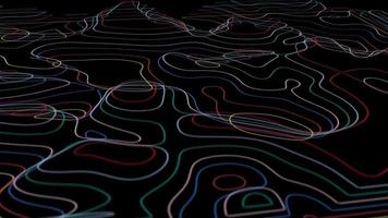 Abstract animated outline topographic contour map. Moving waves on black background. Flowing, changing, morphing landscape with contour lines. video