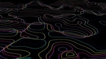 Abstract animated outline topographic contour map. Moving waves on black background. Flowing, changing, morphing landscape with contour lines. video