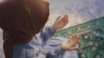 musulmán mujer, musulmán mujer oración. musulmán mujer cuyo religión es islam es Orando. video
