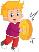 a boy is having fun playing cymbals vector