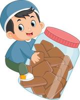 a Muslim boy is happy to get lots of chocolate cakes in a big jar vector