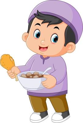 a cute Muslim boy brings a bowl of food and also a piece of fried chicken